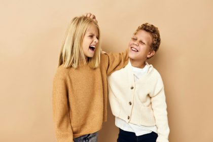 children together fashion clothes posing emotions