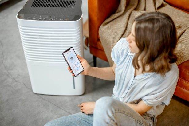 Woman sitting near air purifier and moisturizer appliance